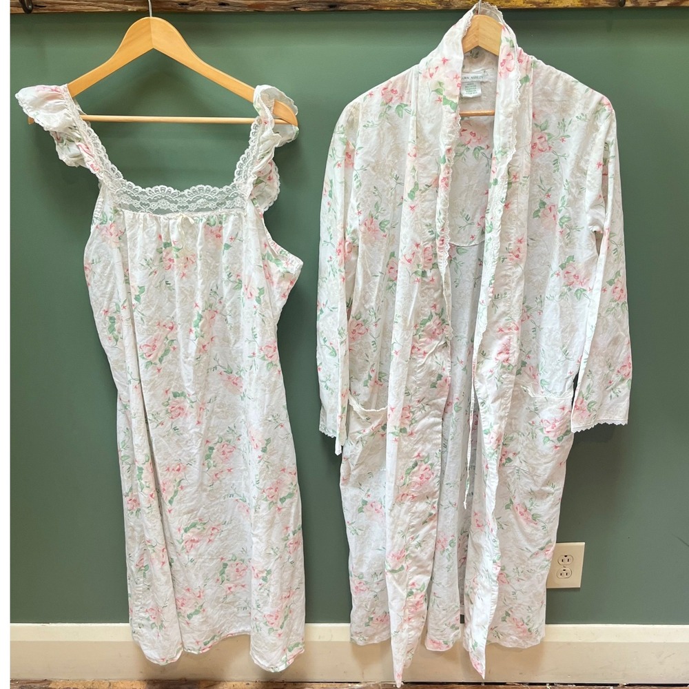 Laura Ashley Floral Cotton Nightgown and Robe Set Pink White Lace Trim Medium L